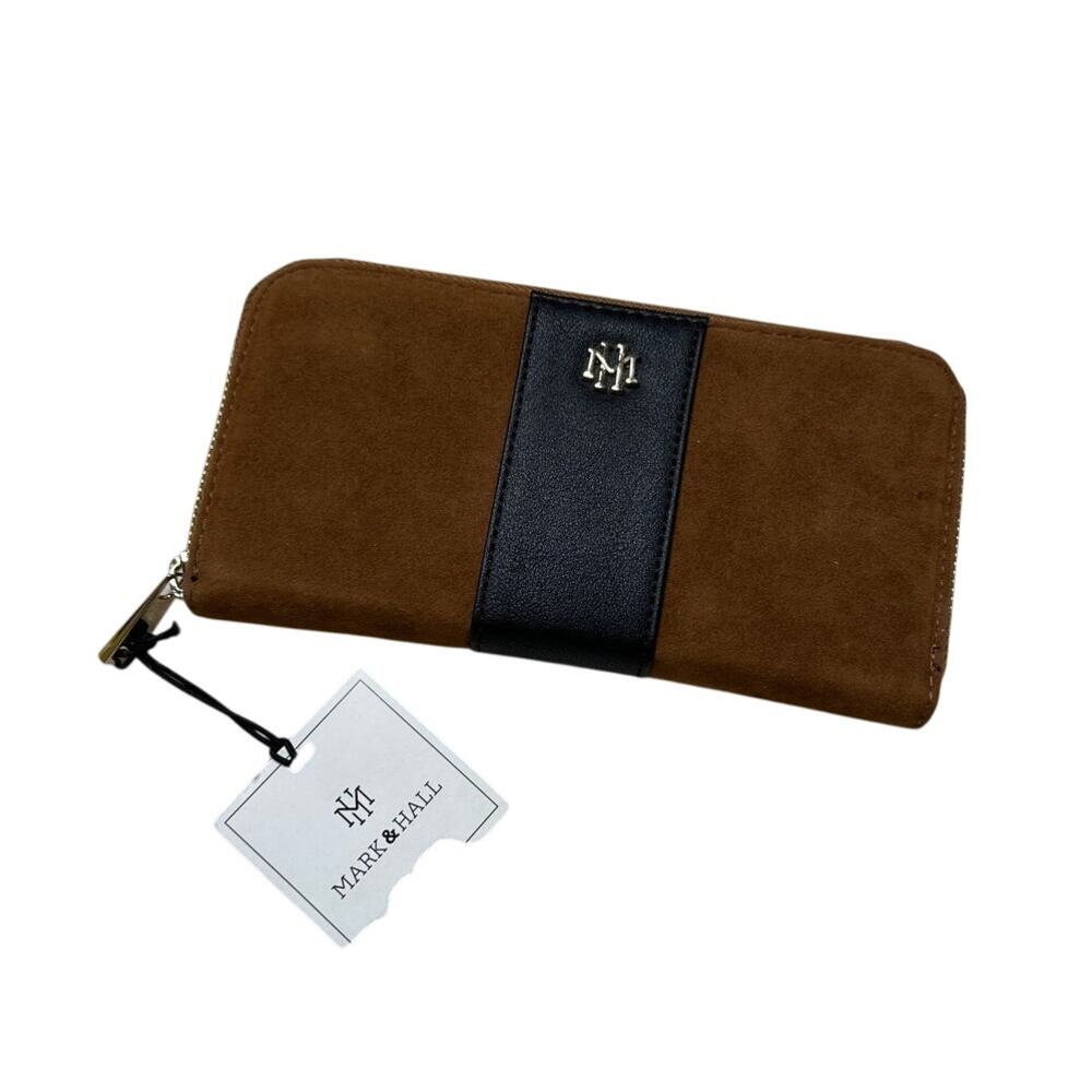 Mark & Hall Brown Black Faux Suede Faux Leather Long Zipper Wallet Wrist Strap